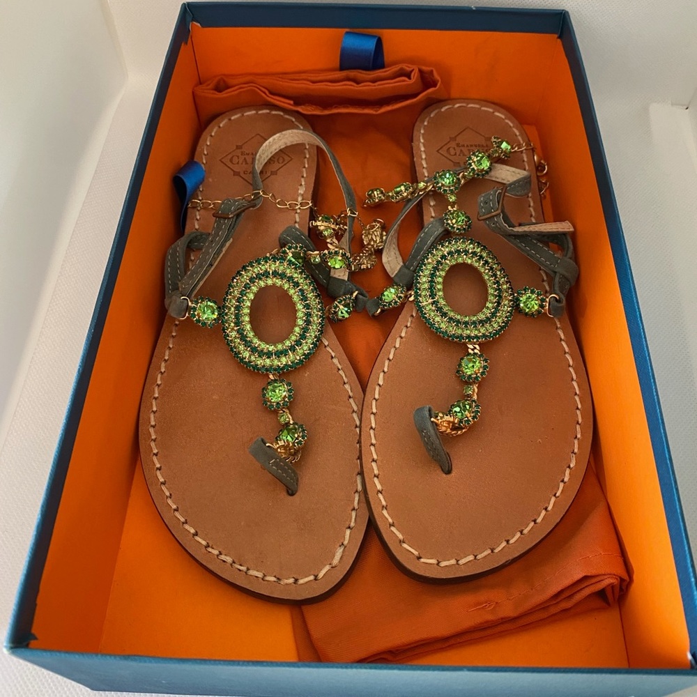 Emanuela Caruso Capri Women’s T-Strap Stones Flat Sandals Size 37 Authentic New
